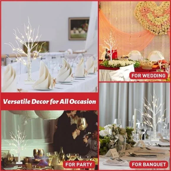 Set of 4 Birch Tree 2Ft Tabletop Christmas Tree with Lights 24 Warm White LED